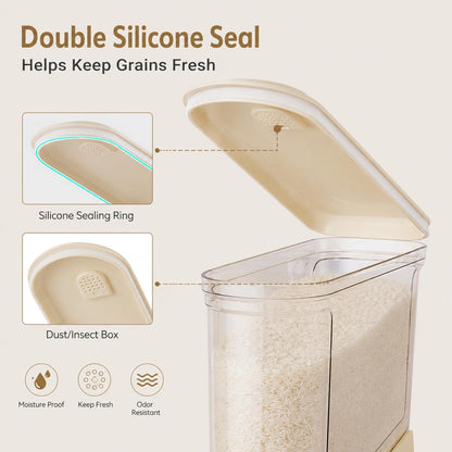 ROOM127 Small Rice Dispenser 11 Lbs, Slim Rice Storage Container for Small Spaces, BPA-Free Airtight Dry Food & Cereal Dispenser, Space-Saving Moisture Proof Grain (Cream White 22 Lbs)