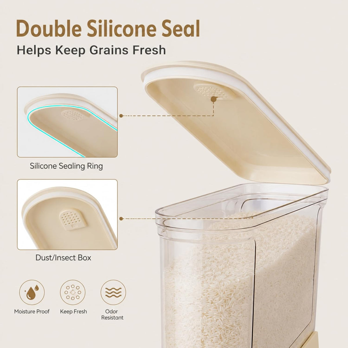 ROOM127 Rice Dispenser 22 Lbs, Large Airtight Grain Container, Cream White | Family Size Storage, BPA-Free, Moisture-Proof Seal, One-Touch Pouring, Clear Window, for Cereal, Beans, Oats & Dry Food
