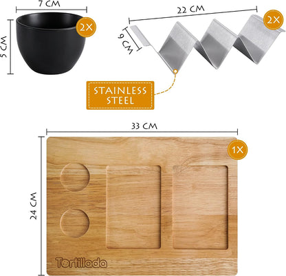 Tortillada - Taco Holders Set of 2 / Taco Holder Stainless Steel with Wooden Serving Tray incl. 2 Ceramic Dip Bowls + Recipe Book