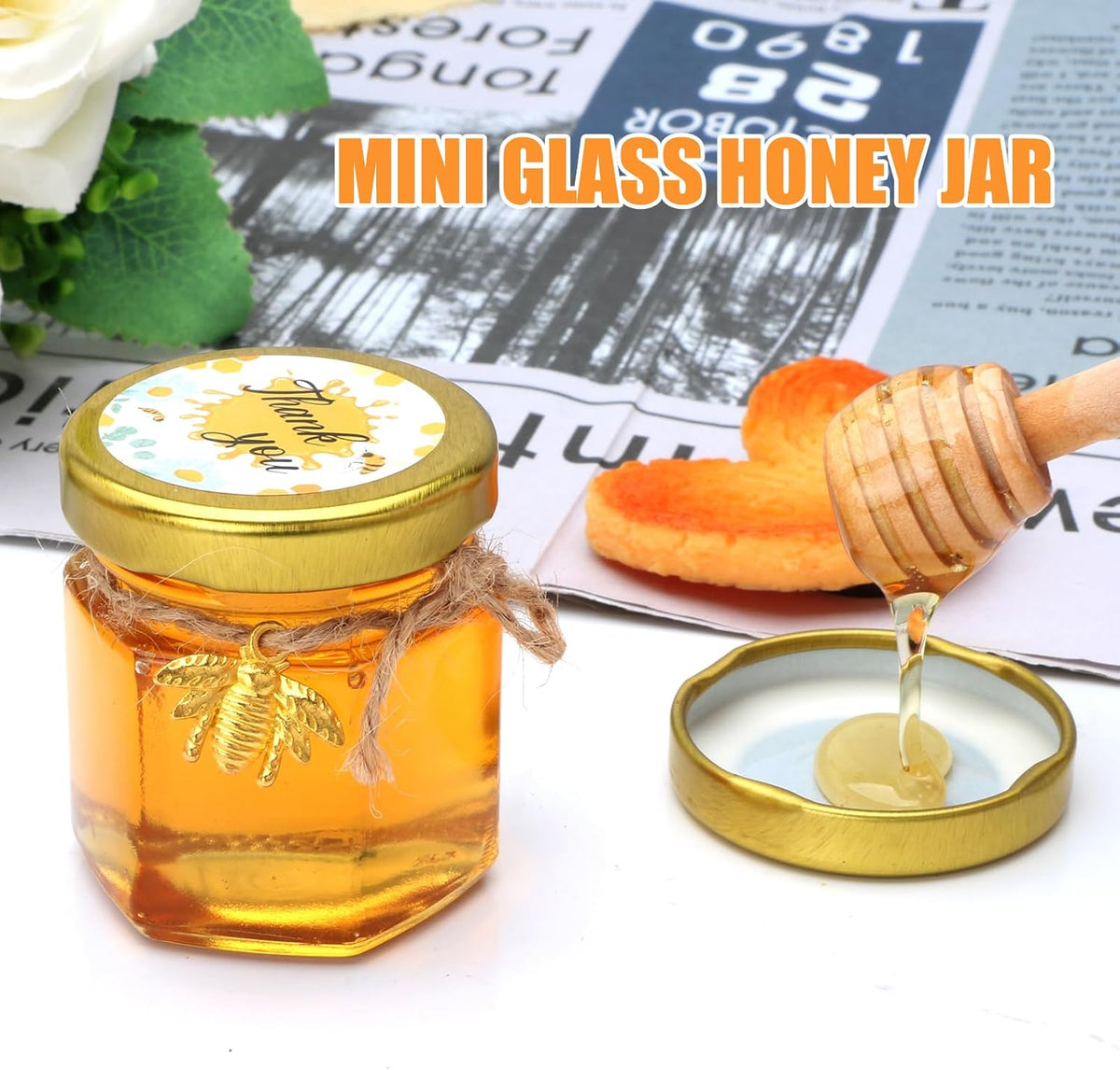 XING-RUIYANG 1.5 oz Hexagon Mini Glass Honey Jars -30Pack Honey Jars with Wood Dipper, Gold Lid, Bee Pendants, Jutes - Perfect for Baby Shower, Wedding Favors, Party Favors