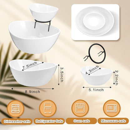 2 Set Chip and Dip Serving Set 2 Tier Chip and Dip Serving Dish Porcelain Appetizer Bowl and Platter with Stand for Food Taco Bar Salad Display Dessert Entertaining Party(Black,Classic Style)