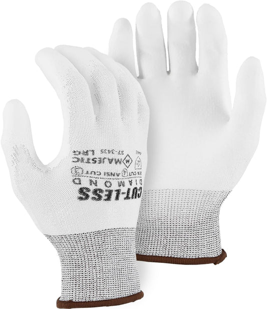 Majestic Cut-Less Dyneema Glove with Polyurethane Palm | 1 Pair - LG | 13 Gauge Liner, ANSI A3, Lightweight Comfort, Breathable, White/White | for Automotive, Industrial, Manufacturing | 37-3435