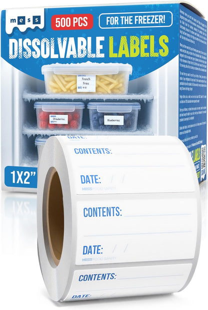 MESS Dissolvable Freezer Labels – 500/Roll Blank Removable Labels for Containers, Food Storage, Bottles, Jars, and Freezer Use (500, 1x2)