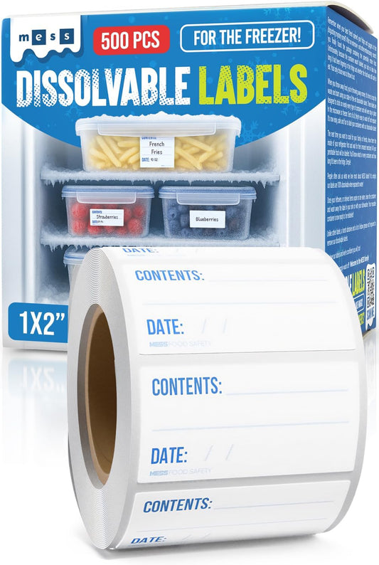 MESS Dissolvable Freezer Labels – 500/Roll Blank Removable Labels for Containers, Food Storage, Bottles, Jars, and Freezer Use (500, 1x2)