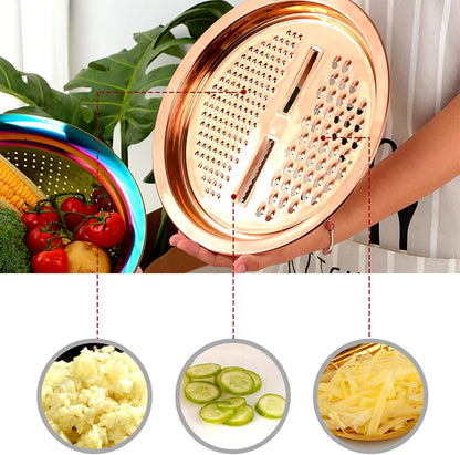 DOCBLACK Colander, 3Pcs Stainless Steel Kitchen Tool 3 in 1 Drain Basket Fruit and Vegetable Cutter Strainer Bowl Set Drain Pot Basket Grater for Fruits Vegetables Rice Washing Mixing - Gold