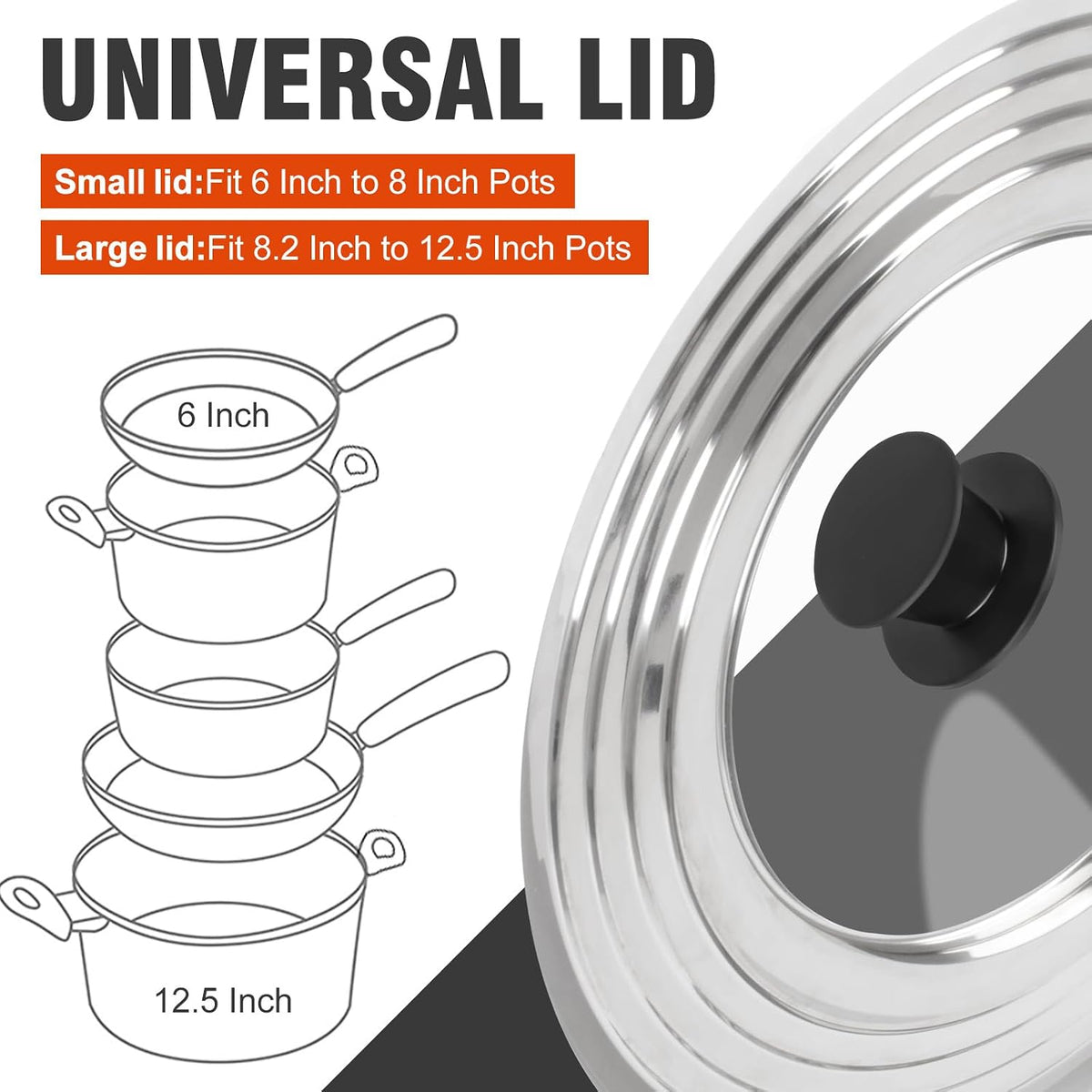 Universal Lids with Tempered Glass Top Fits 6, 7, 8 & 8.2, 9, 10, 11, 12, 12.5 Inch Cookware, Replacement Frying Pan Cover for Pots, Pans and Skillets, Cast Iron Lids for Space Saving