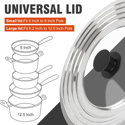 Universal Lids with Tempered Glass Top Fits 6, 7, 8 & 8.2, 9, 10, 11, 12, 12.5 Inch Cookware, Replacement Frying Pan Cover for Pots, Pans and Skillets, Cast Iron Lids for Space Saving