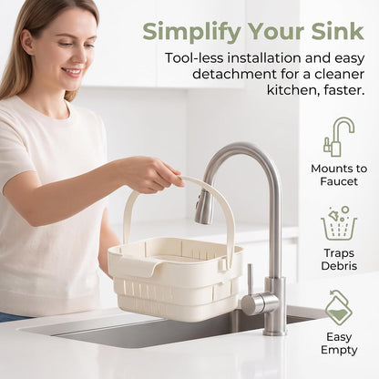 Foldable Kitchen Sink Strainer, Removable Residue Filter, No-Drill Hanging Drain Rack Food Catcher, Stretchable Kitchen Colander with Flip Cover