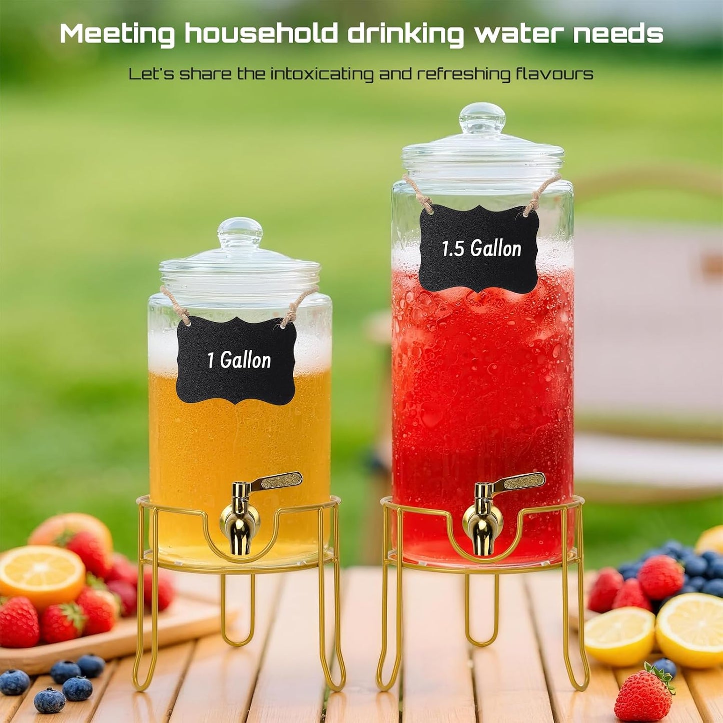 DHSBTLS 1 Gallon Glass Drink Dispensers, Round Beverage Dispenser for Party, BBQ and Picnic, Clear Airtight Juice Dispenser with Golden Stand, Stainless Steel Spigot, Markers and Chalkboard