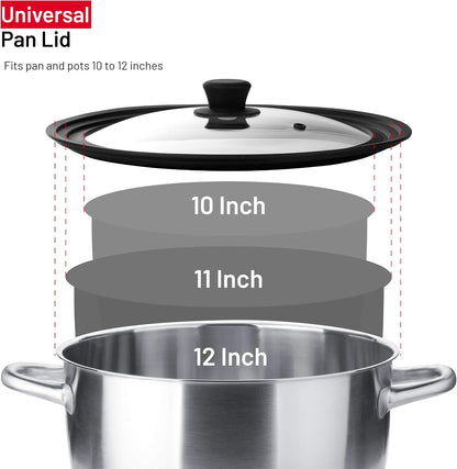 Universal Lids for Pots, Pans and Skillets - Tempered Glass with Vented Silicone Rim and Heat-Resistant Handle - Fits Multiple Cookware Sizes - Dishwasher & Microwave Safe (Single, 11",12",12.5")