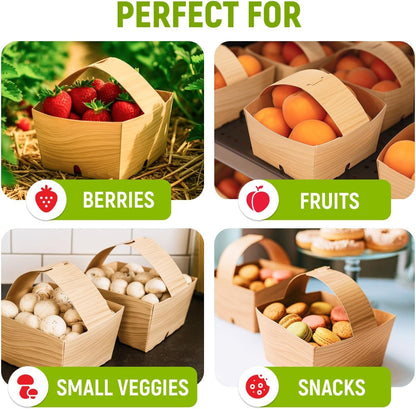 USA-Made Quart-Size Berry Baskets with Handles, Pack of 25 - 2 lbs Capacity Produce Basket for Fruits, Berries & Veggies - Premium Berry Container for Farmers Markets or Product Displays