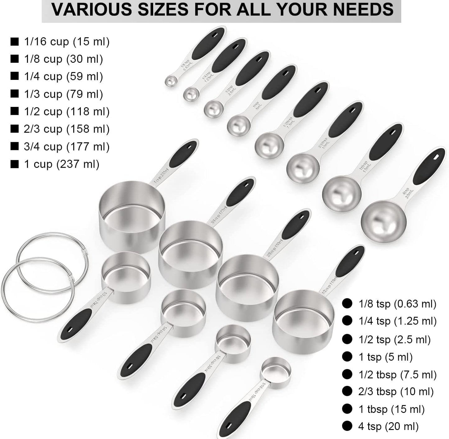 Wildone Stainless Measuring Cups and Spoons Set with Silicone Handle, 16pcs | 8 Measuring Cups and 8 Measuring Spoons, Nesting Design, Heavy Duty for Measuring Dry/Liquid Ingredients, Multicolor