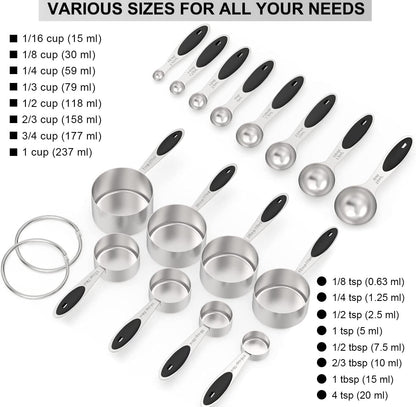 Wildone Stainless Measuring Cups and Spoons Set with Silicone Handle, 16pcs | 8 Measuring Cups and 8 Measuring Spoons, Nesting Design, Heavy Duty for Measuring Dry/Liquid Ingredients, Multicolor