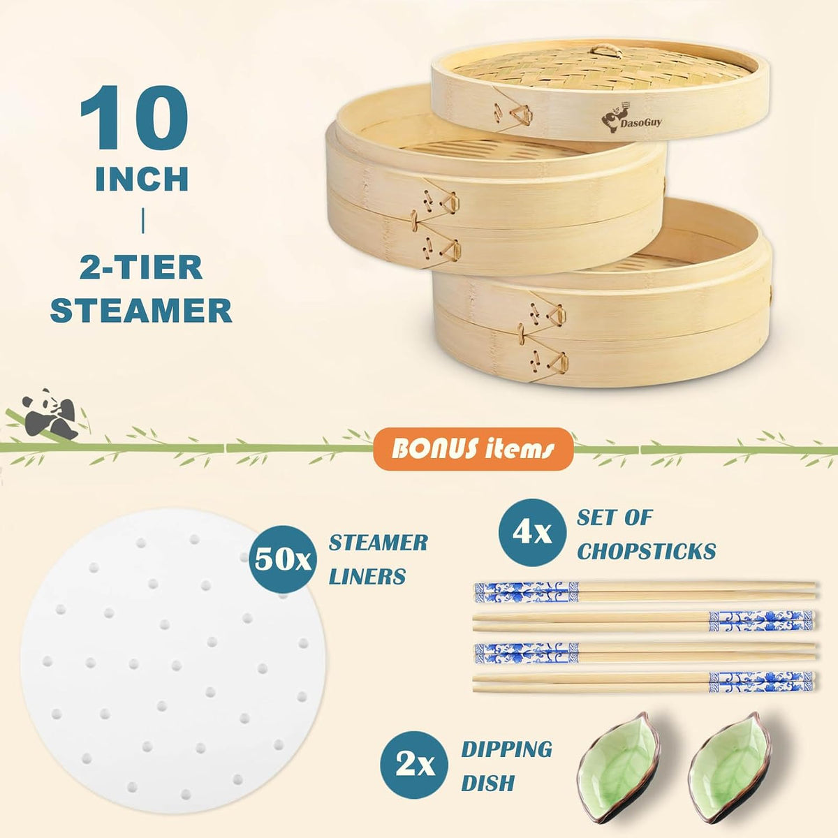 Deep Bamboo Steamer Basket Set 10 Inch 2-Tier Dumpling Steamer for Cooking
