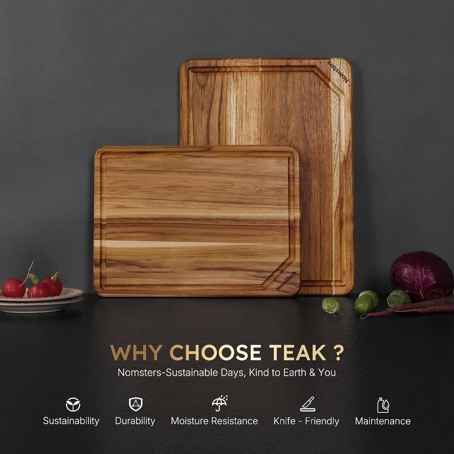 3 Pack Teak Wood Cutting Board Set with Holder Non Slip Over Sink Wooden Chopping Board for Fresh Meat Vegetable Thick Haus Perfect for Charcuterie Juice Groove Kitchen Accessories - FSC Certified