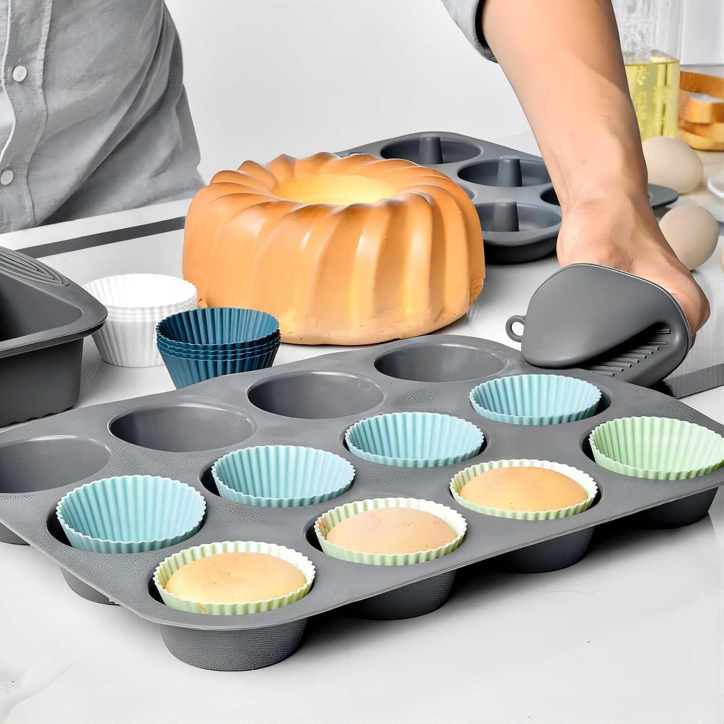 12 Pack Reusable Silicone Cupcake Baking Cups, 3 Shapes of Standard Round & Square & Rectangle,Muffin Liners,Non-Toxic, BPA Free, Dishwasher Safe