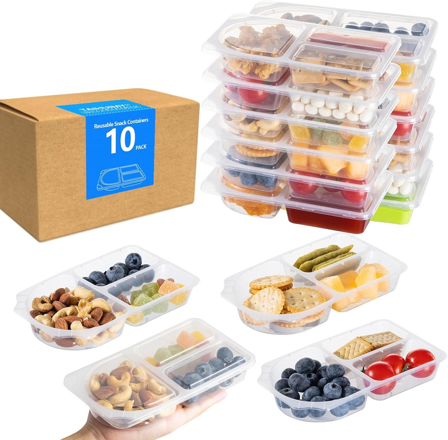 TAIHUIMY 9oz Reusable Snack Containers with Lids for Kid, New 3 Compartment Large Capacity Condiment Portion Control Meal Prep Containers for School lunch, Go out Travel, Party (10, 9, ounces)