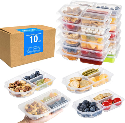TAIHUIMY 9oz Reusable Snack Containers with Lids for Kid, New 3 Compartment Large Capacity Condiment Portion Control Meal Prep Containers for School lunch, Go out Travel, Party (10, 9, ounces)