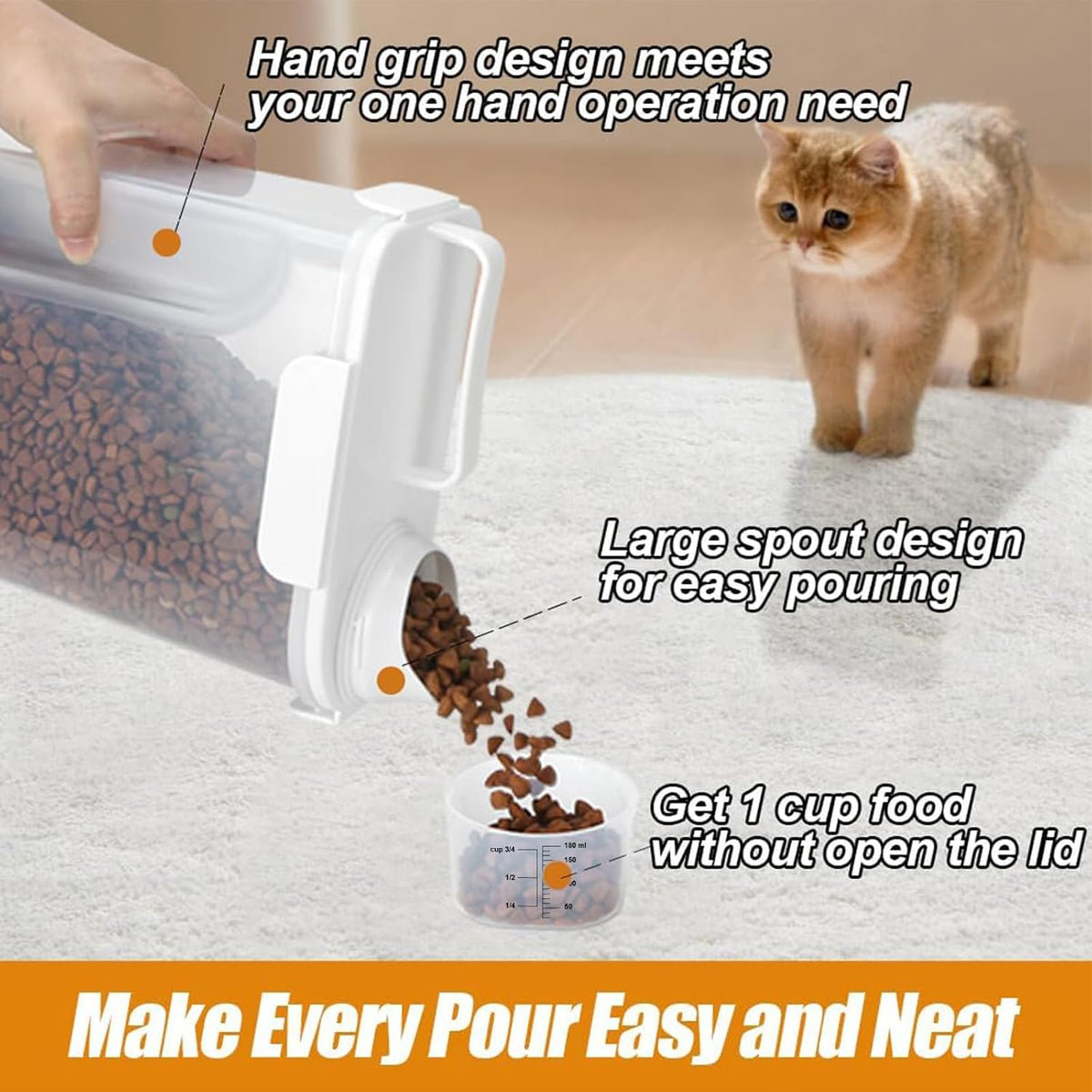 Dog Cat Food Storage Container, Pet Food Pourable Container Airtight with Large Spout & Cup, BPA-Free Plastic Food Dispenser for Pet Food, Bird Seed, Rice, Flour (Dark Gray, 2.5L)