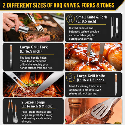 34Pcs Grill Accessories Grilling Gifts for Men, 16 Inches Heavy Duty BBQ Accessories, Stainless Steel BBQ Tools with Thermometer, Grill Mats for Backyard, BBQ Gifts Set for Men Women