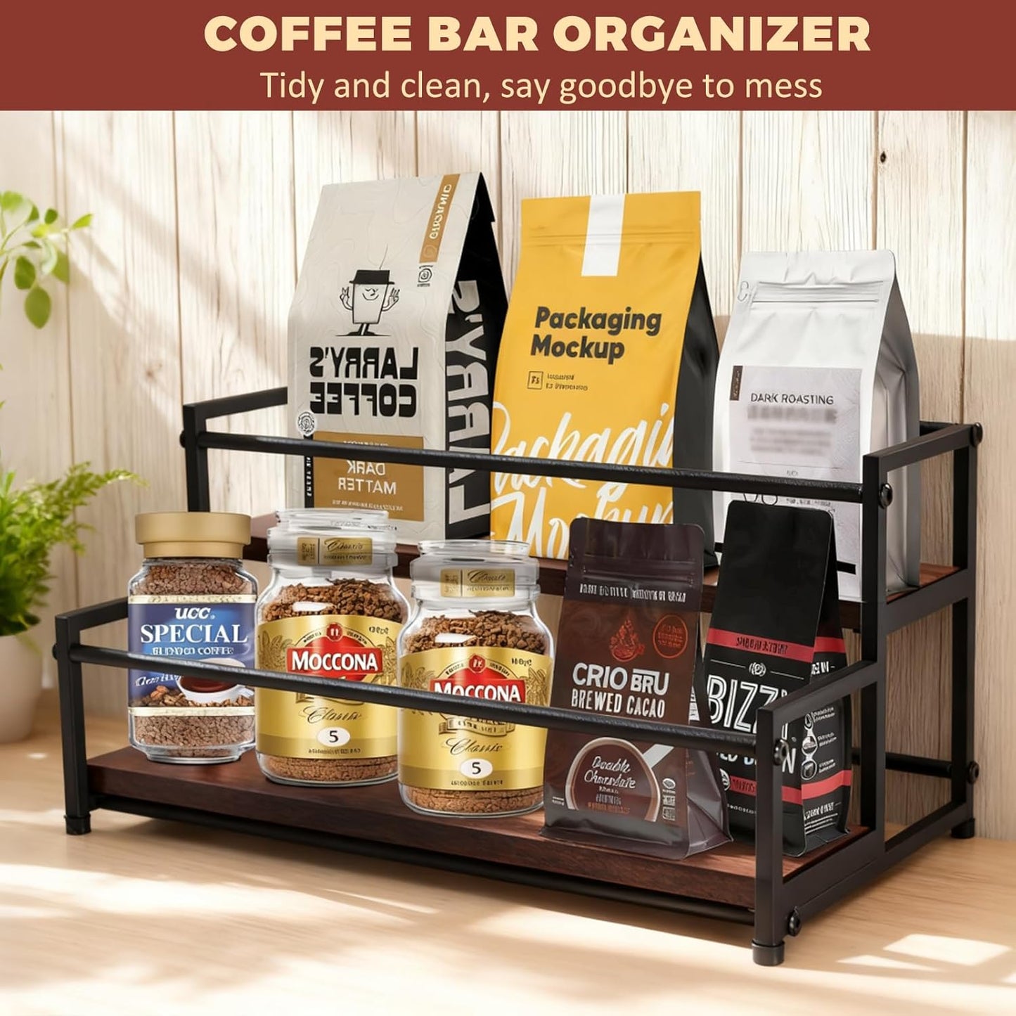 Countertop Liquor Bottle Organizer Shelf, 3-Tier | Rustic Display Rack, For Wine & Coffee Syrups, Freestanding Bar and Kitchen Storage, Easy-Carry Handles