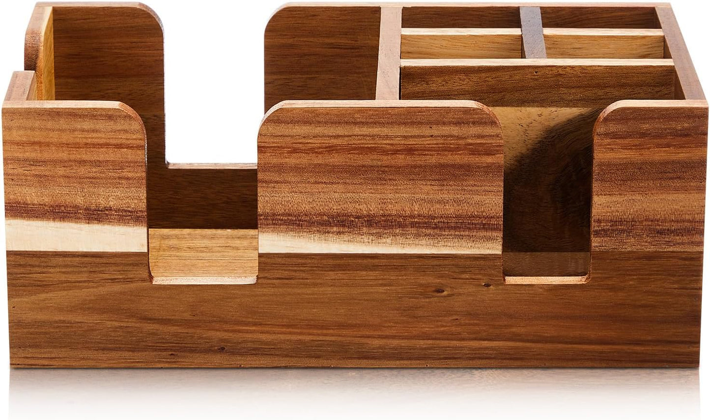 Mifoci Wooden Bar Caddy with 6 Compartments, Acacia Wood Bar Caddy Napkin & Straw Holder Organizer Cocktail Napkin Holder Condiments for Home Office Kitchen Countertop (Brown, 10.6 L x 5.5 W)
