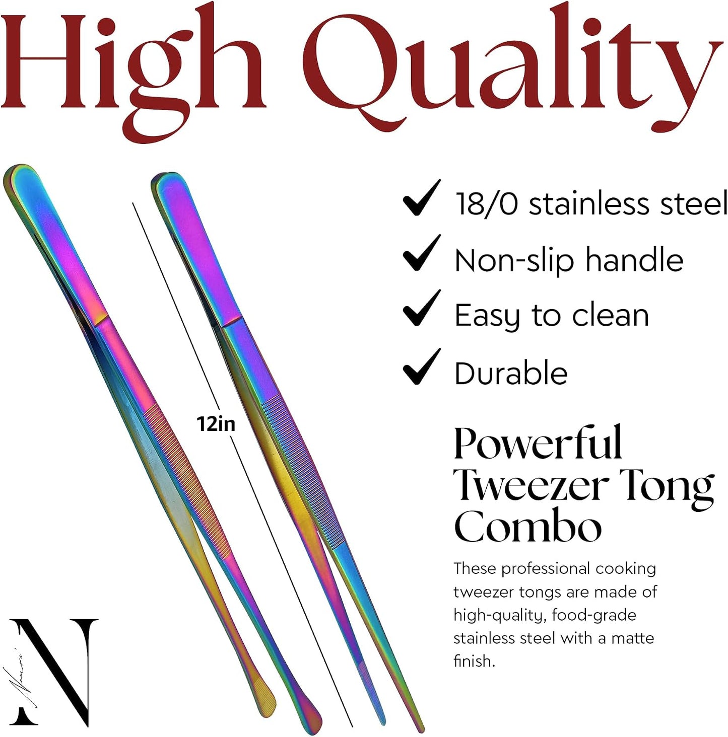 Namre' Tweezer Tongs for Cooking -Plating Tweezers - 2 Pack Stainless Steel Cooking Tongs - Thin Chopstick Tongs (Silver)