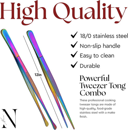 Namre' Tweezer Tongs for Cooking -Plating Tweezers - 2 Pack Stainless Steel Cooking Tongs - Thin Chopstick Tongs (Silver)