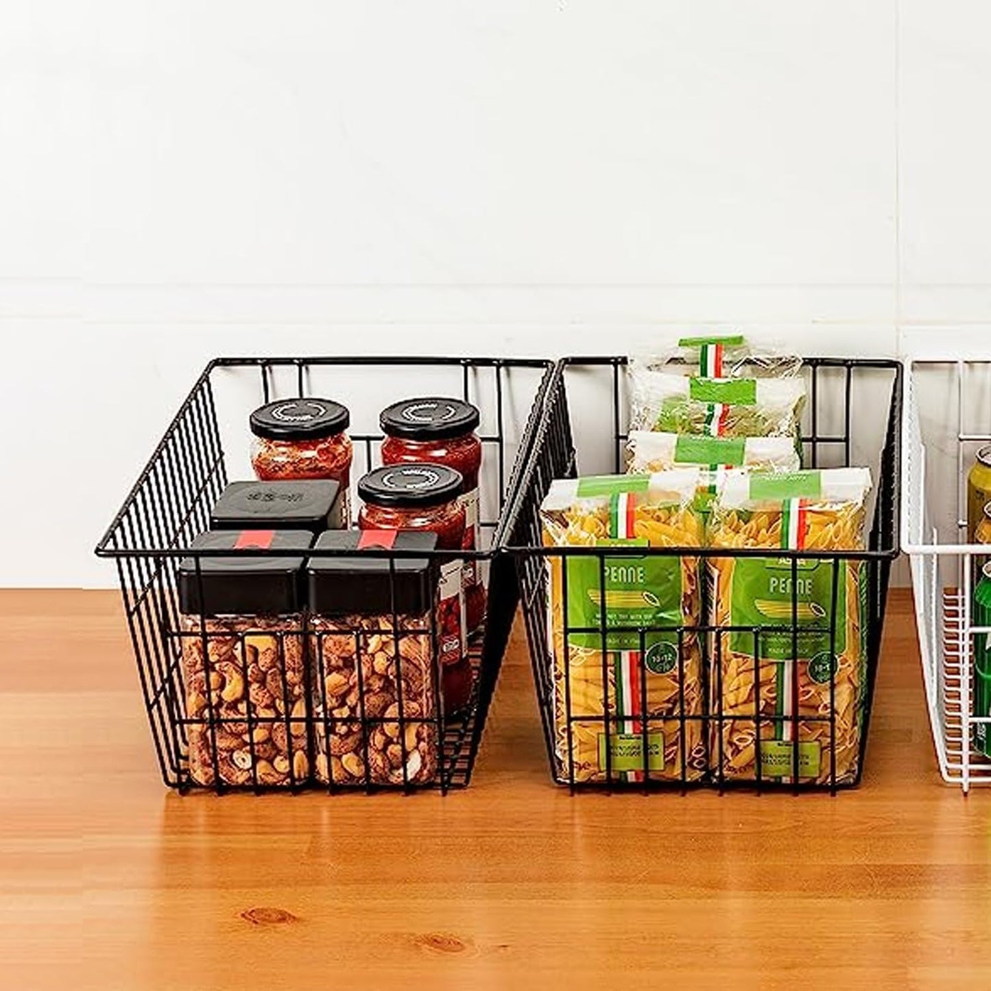 Redrubbit Wire Storage Baskets, Large Farmhouse Metal Freezer Basket Storage Organizer Bins with Handles for Kitchen Cabinets, Pantry, Closets, Bedrooms, Bathrooms, Set of 6, White