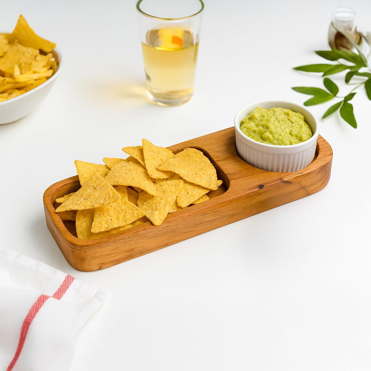 GoCraft Acacia Wood Partition Serving Platter – 12 x 4 Inch – with Ceramic Dip Bowl | Rustic Wooden Snack Tray with Sectioned Compartments for Chips, Nachos, Cheese, Fruits, Appetizer | Natural Finish