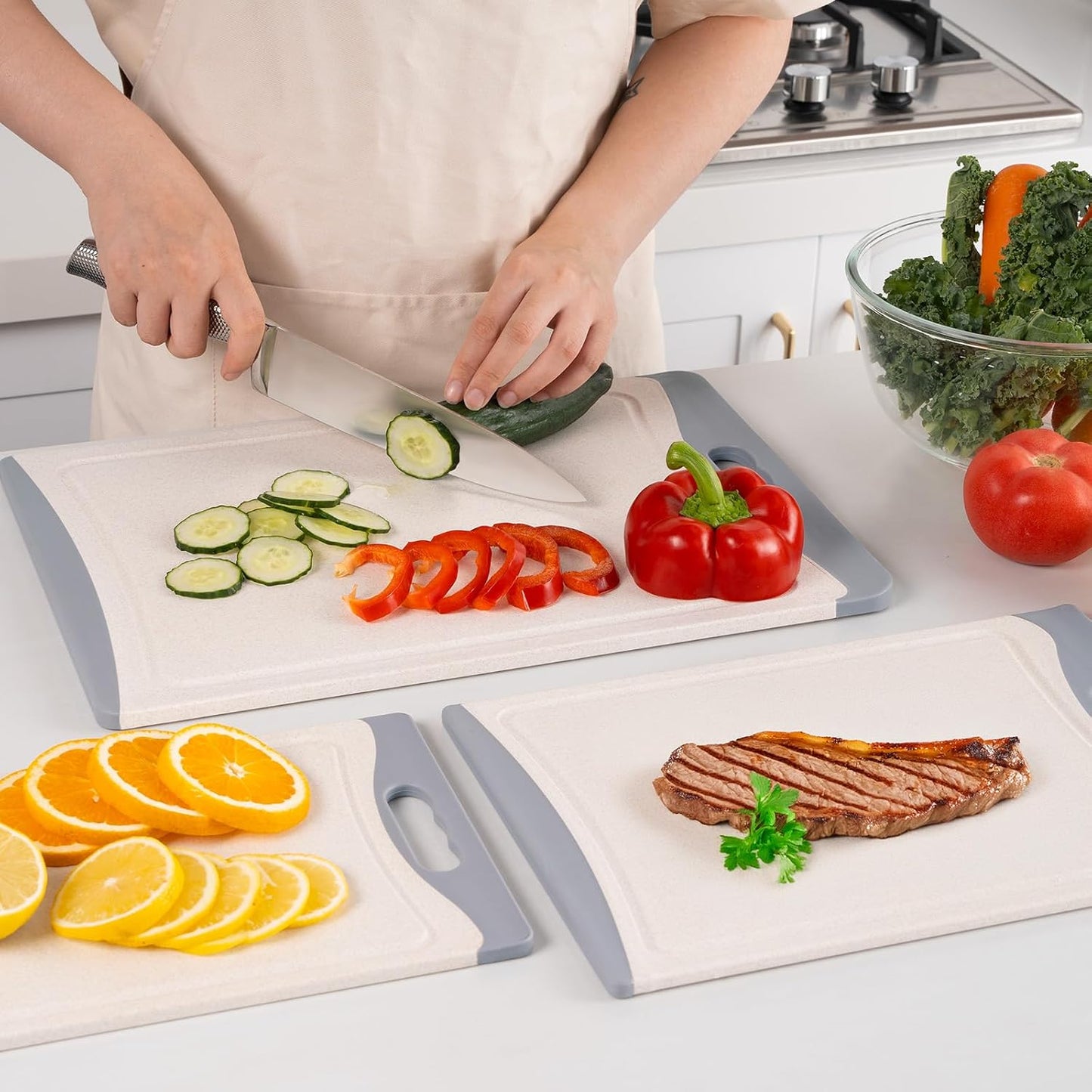 Extra Large Cutting Boards, Plastic Cutting Boards for Kitchen (Set of 3) Cutting Board Set Dishwasher Chopping Board with Juice Grooves Easy-Grip Handles, Dark Grey, Empune