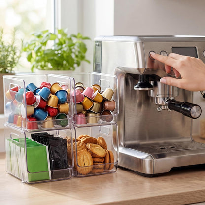 4 Pcs Clear Plastic Storage Bins Stackable Pantry Storage Organizer Kitchen Cabinet Organizers Ideal Containers for Coffee Pod Tea Sugar Bag Fridge Caddy Office
