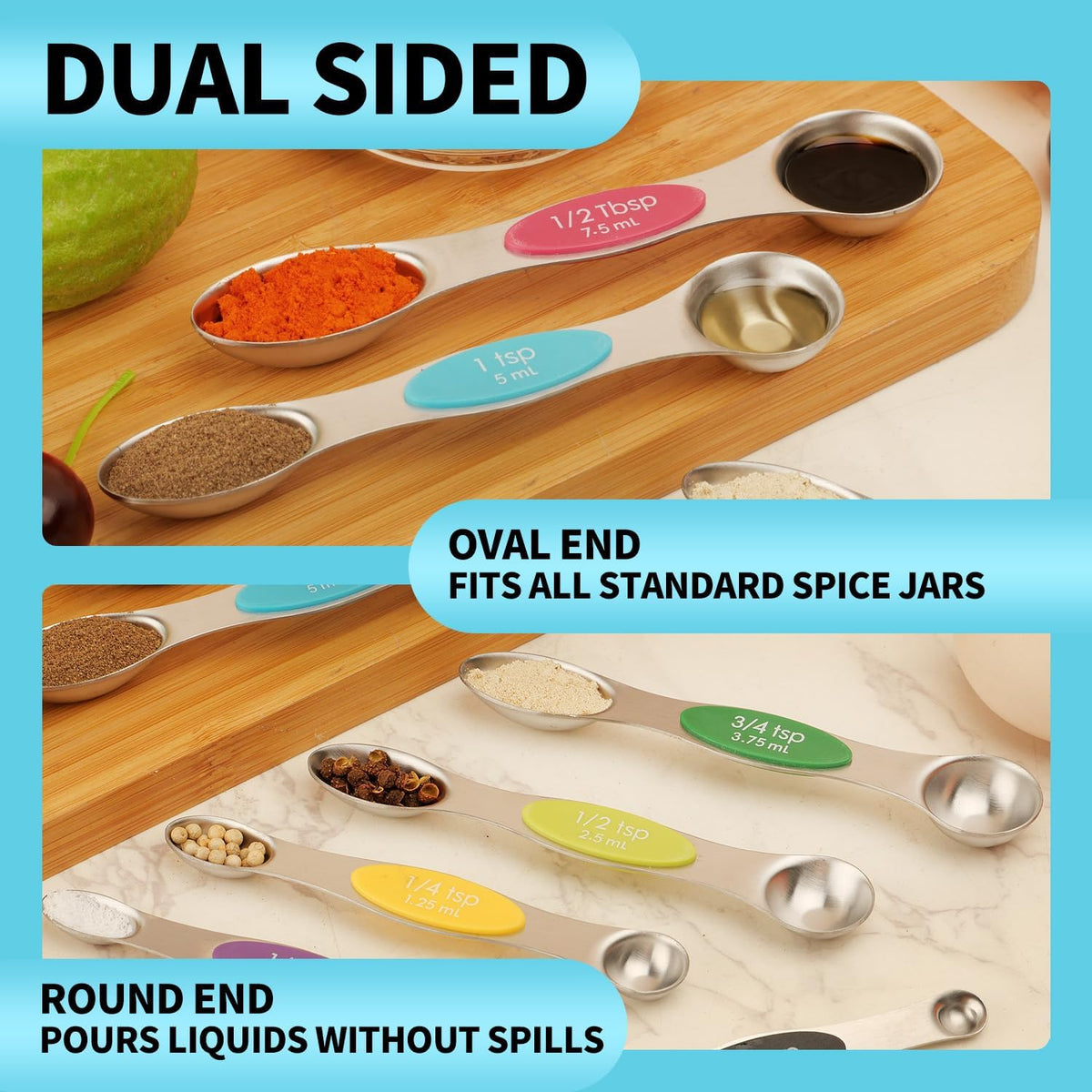 Magnetic Measuring Spoons Set Stainless Steel with Leveler, Dual-Sided Metal Measuring Spoons for Baking & Cooking, Fits in Spice Jars, Must-have Kitchen Gadgets, 8 Measuring Spoons & 1 Leveler, Black