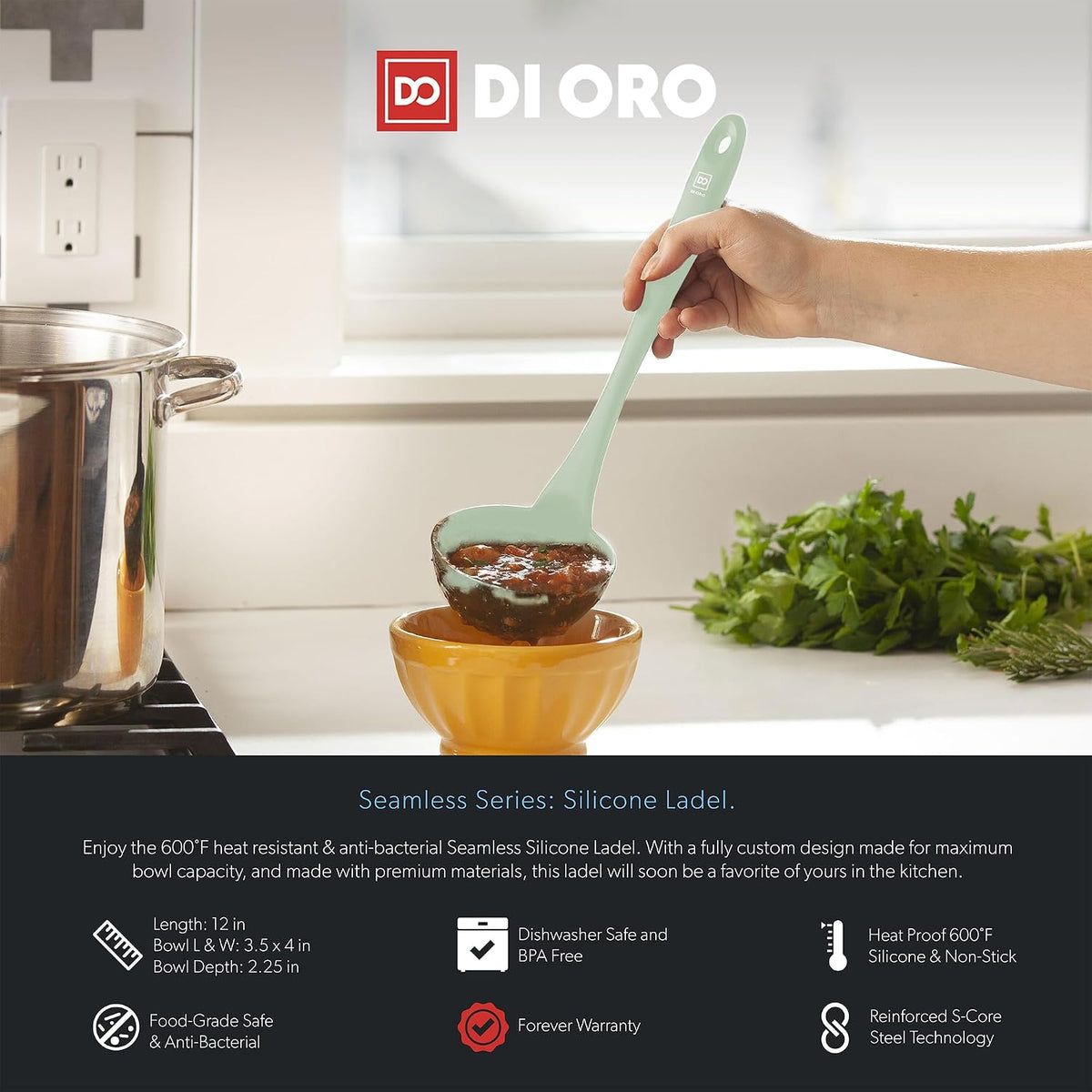 DI ORO Silicone Ladle - Soup & Serving, 600F Heat Resistant, Black