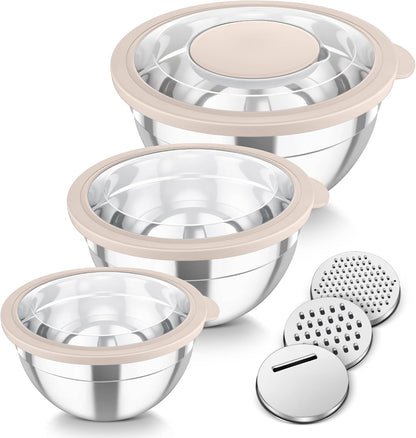 TeamFar Mixing Bowls, Stainless Steel Nesting Salad Bowls with Lids Set of 3 & 3 Grater Attachments, For Mixing/Serving/Storing, Non-toxic & Long-lasting, Size 4.6/3 / 1.5 QT, Black