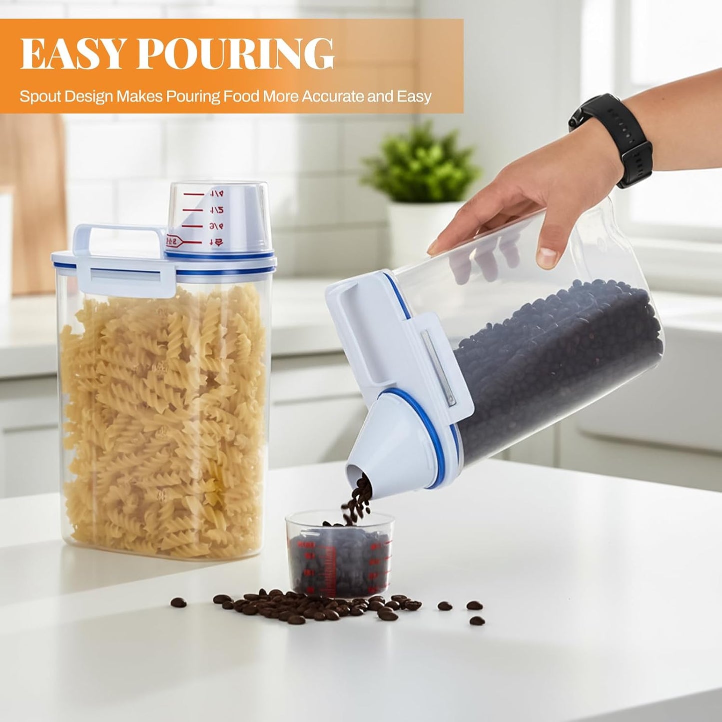 SHENLIU 4 Pcs 5.5Lbs Rice Dispenser Storage Containers, Rice Container with Measuring Cup & Pour Spout, Kitchen Plastic Airtight Container for Cereal, Grain, Flour, Sugar, Oatmeal, Dry Pet Dog Food
