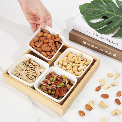 Ceramic Snack Bowls with Bamboo Tray Set,Divided Serving Bowls and Platters for Hosting & Party,Removable Serving Dishes for Chips and Dip,Fruit,Veggies,Candy and Snacks Kitchen Decor (4)