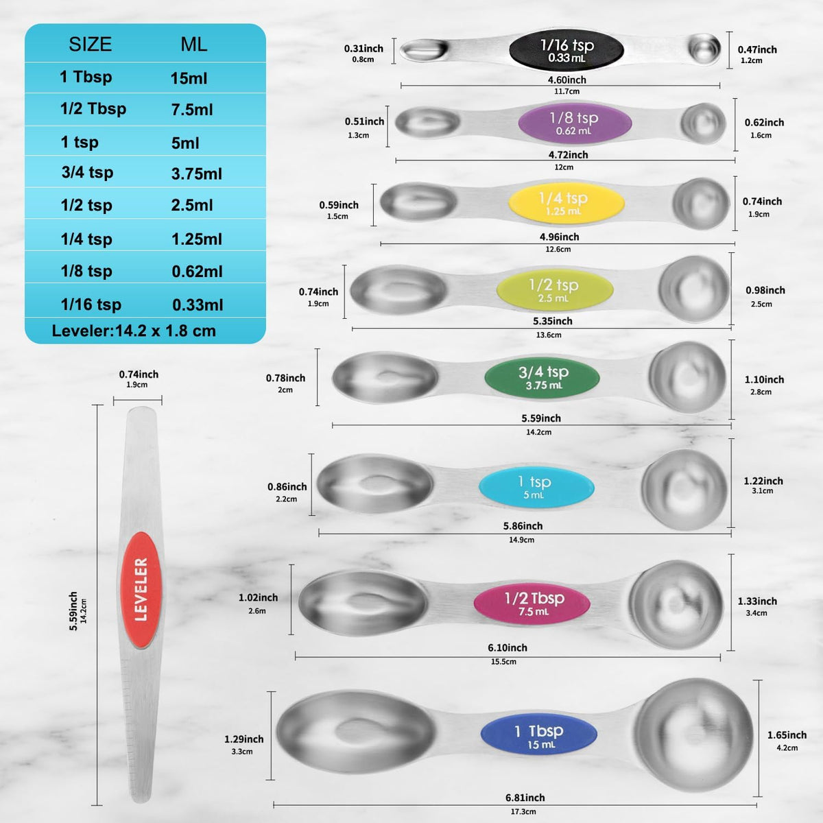Magnetic Measuring Spoons Set Stainless Steel with Leveler, Dual-Sided Metal Measuring Spoons for Baking & Cooking, Fits in Spice Jars, Must-have Kitchen Gadgets, 8 Measuring Spoons & 1 Leveler, Black