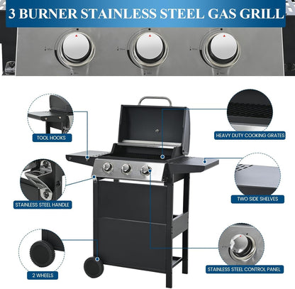 3-Burner Propane Gas Grill, 30,000 BTU Stainless Steel Outdoor BBQ Grill with Lid, Side Shelves & Wheels for Patio, Garden and Backyard Cooking