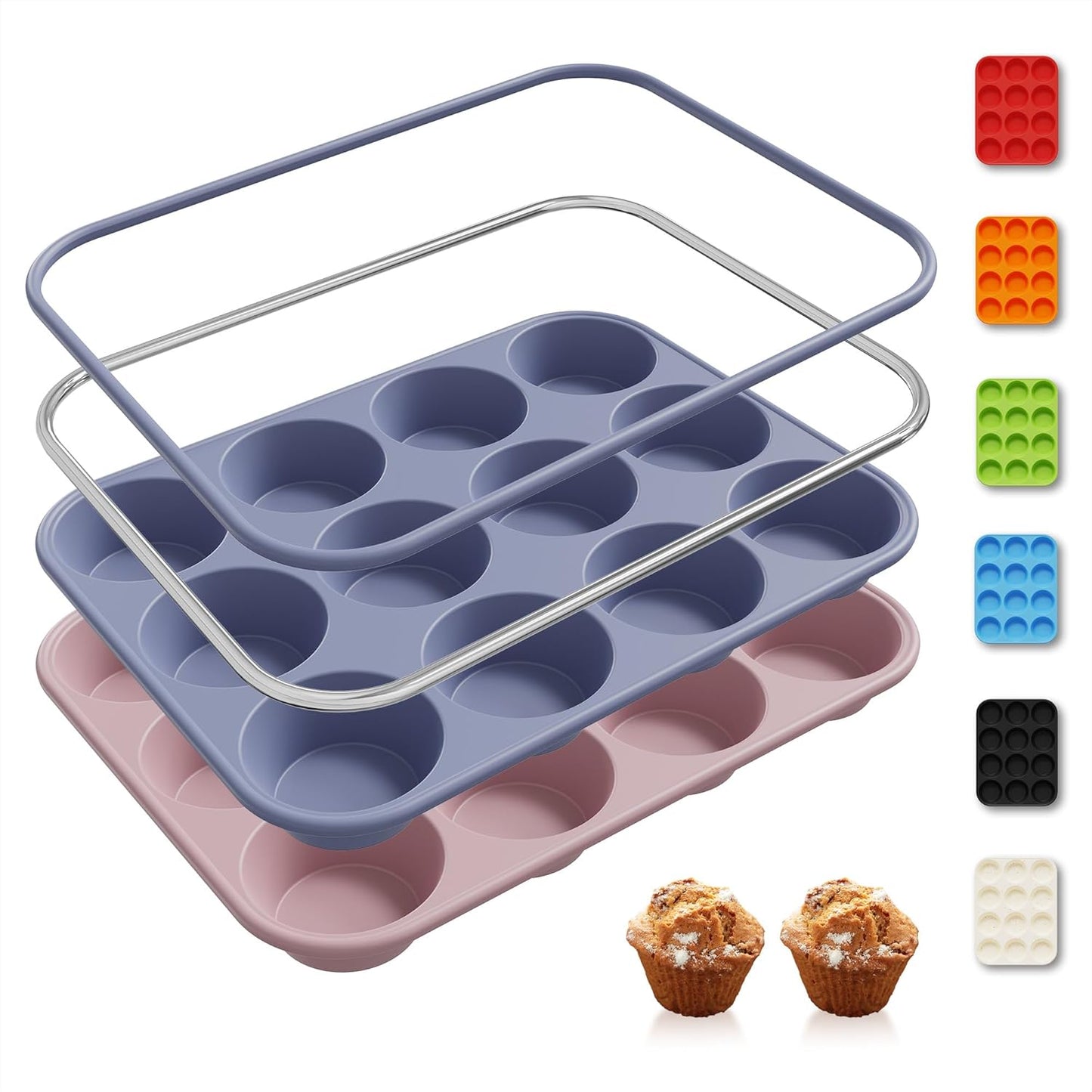 2 Pack 12 Cups Silicone Muffin Pan with Metal Reinforced Frame Regular Size Silicone Molds Cupcake Cake Baking Pans Cookie Baking Chocoflan Cupcake Mold Nonstick Muffin Tin Home Baking Supplies