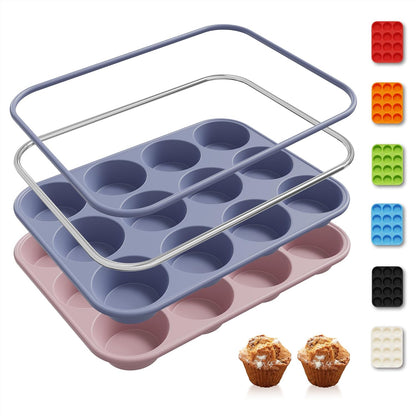2 Pack 12 Cups Silicone Muffin Pan with Metal Reinforced Frame Regular Size Silicone Molds Cupcake Cake Baking Pans Cookie Baking Chocoflan Cupcake Mold Nonstick Muffin Tin Home Baking Supplies