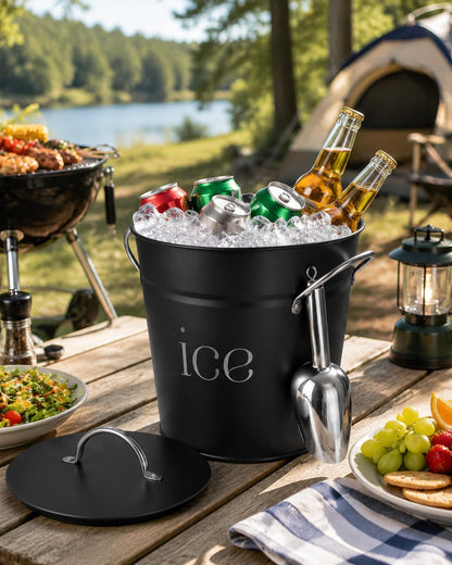 3Qt Black Galvanized Ice Bucket with Lid, Scoop & Handles - Ideal for Cocktails, Parties, BBQs, Wine & Champagne. Double-Layer Insulated Outer & Galvanized Inner Layer, Perfect for Home & Outdoor Use