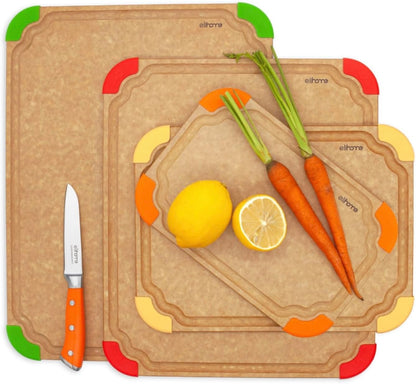 Elihome Premium Series 2-in-1 Kitchen Cutting Board Set, Non Slip Feet, Color Coded with Food Icon, Natural Wood Fiber, Dishwasher Safe, Eco-Friendly, Juice Grooves,Non Porous, BPA Free, Made in USA