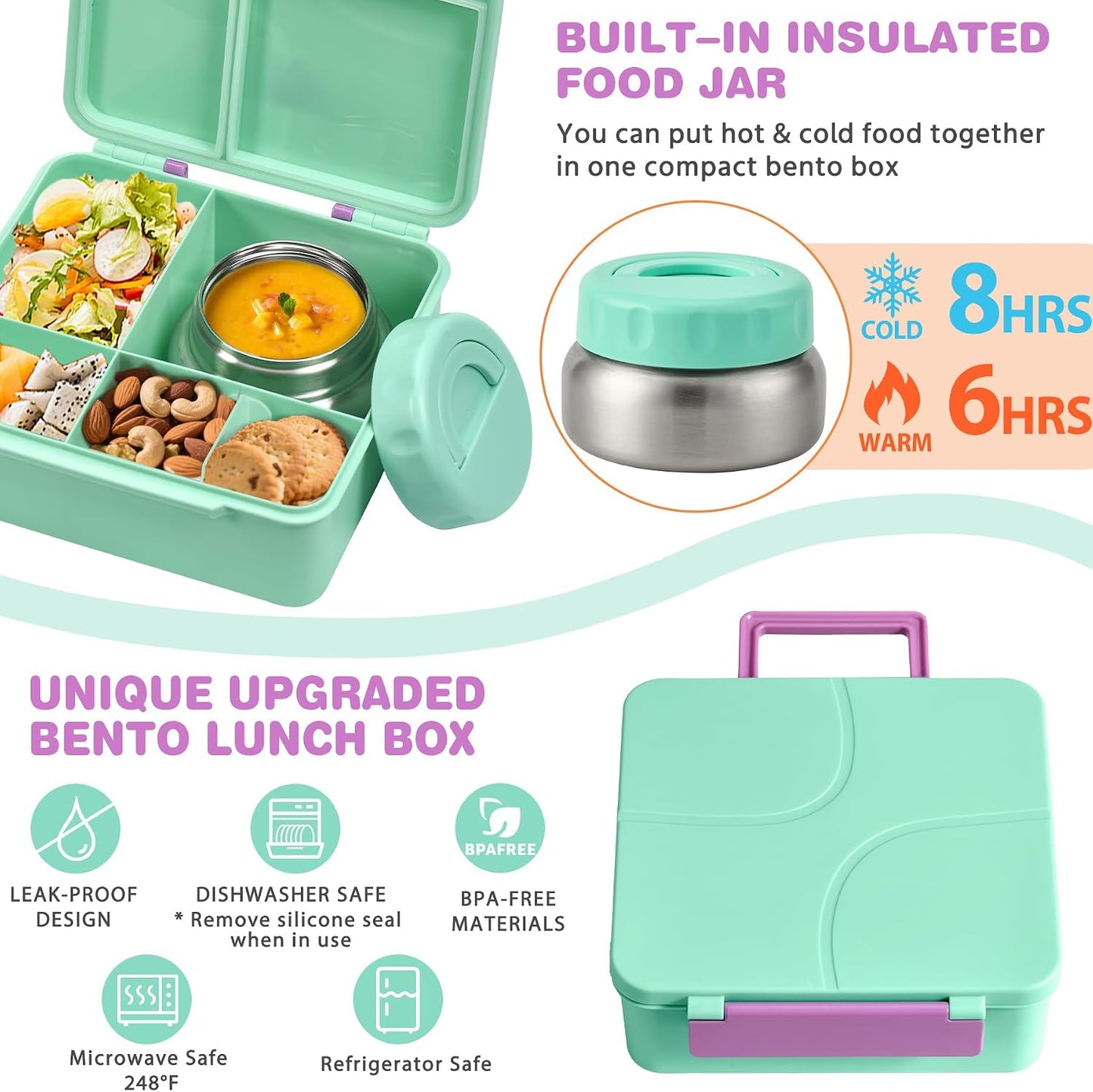 Bento Lunch Box with 9.5 oz Soup Thermo, Kids Leakproof 4 Compartments Bento Box with Silicone Cupcake,Fruit Fork,Spoon and Sauce Cup,Insulated Food Jar for School Travel-Black
