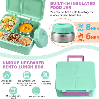 Bento Lunch Box with 9.5 oz Soup Thermo, Kids Leakproof 4 Compartments Bento Box with Silicone Cupcake,Fruit Fork,Spoon and Sauce Cup,Insulated Food Jar for School Travel-Black
