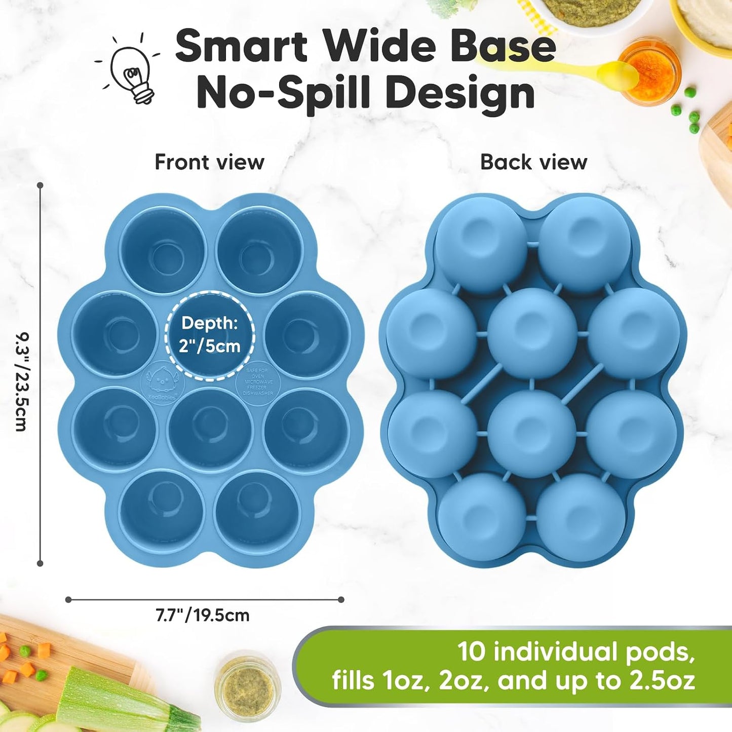 KeaBabies Silicone Food Freezer Trays with Lid, 2oz x 10 Pods Baby Food Storage Containers, Easy Puree Meal Prep, Breast Milk Silicone Freezer Molds, Dishwasher, Microwave Safe, BPA-Free (Slate)