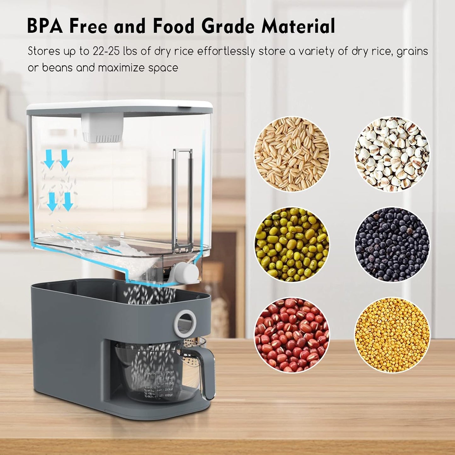 Rice Dispenser,22Lbs-25Lbs Rice Container with Measuring Cup, Upgraded Lid Time Dials & Built-in Fresh Box Rice Container Storage for Home Kitchen Pantry Stores Rice - White Capacity 22Lbs-25Lbs
