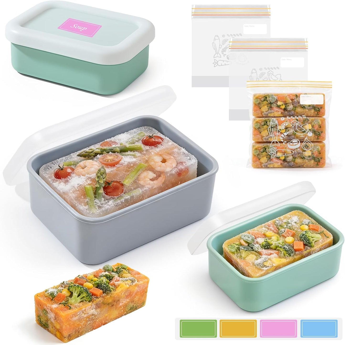 Silicone Freezer Trays with Lid, 1 & 2 Cup Meal Prep Molds 4 Pack | Portion Control Soup Containers | Airtight Stackable Freezer Cubes | BPA-Free Dishwasher Oven Safe, with Freezer Bags& Labels