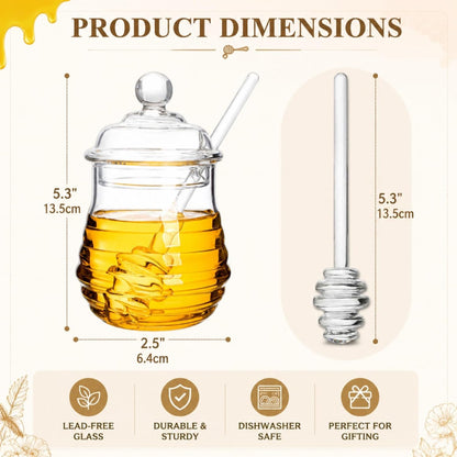 Lawei Glass Honey Jar with Dipper and Lid, 10 OZ Heat-Resistant Bee Hives Honey Pot, Clear Glass Honey Container for Store Honey and Syrup, Home and Kitchen, Easy to Clean, Dishwasher Safe