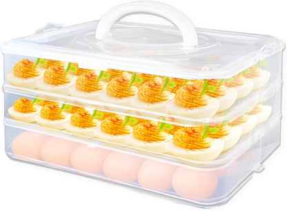 2-Layer Deviled Egg Carrier with Lid,Deviled Egg Trays with Handle,Stack Portable Stackable Trays,Clear Devil Egg Cotainer 48 eggs Holders, for Thanksgiving Day, Easter, Holiday,Parties and Kitchen